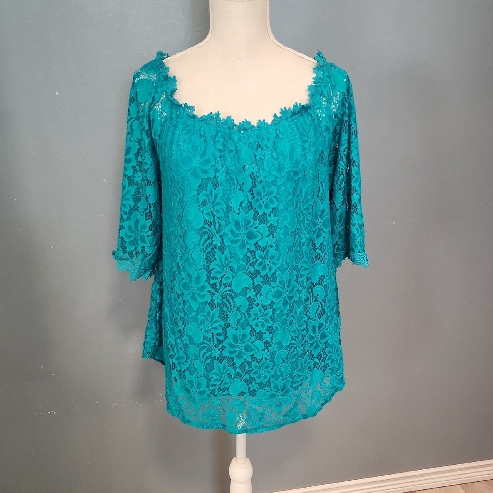 Miholl Rosette Floral Lace Scoopneck Ruffled Flowy Boho Boxy Blouse PreppyFormal